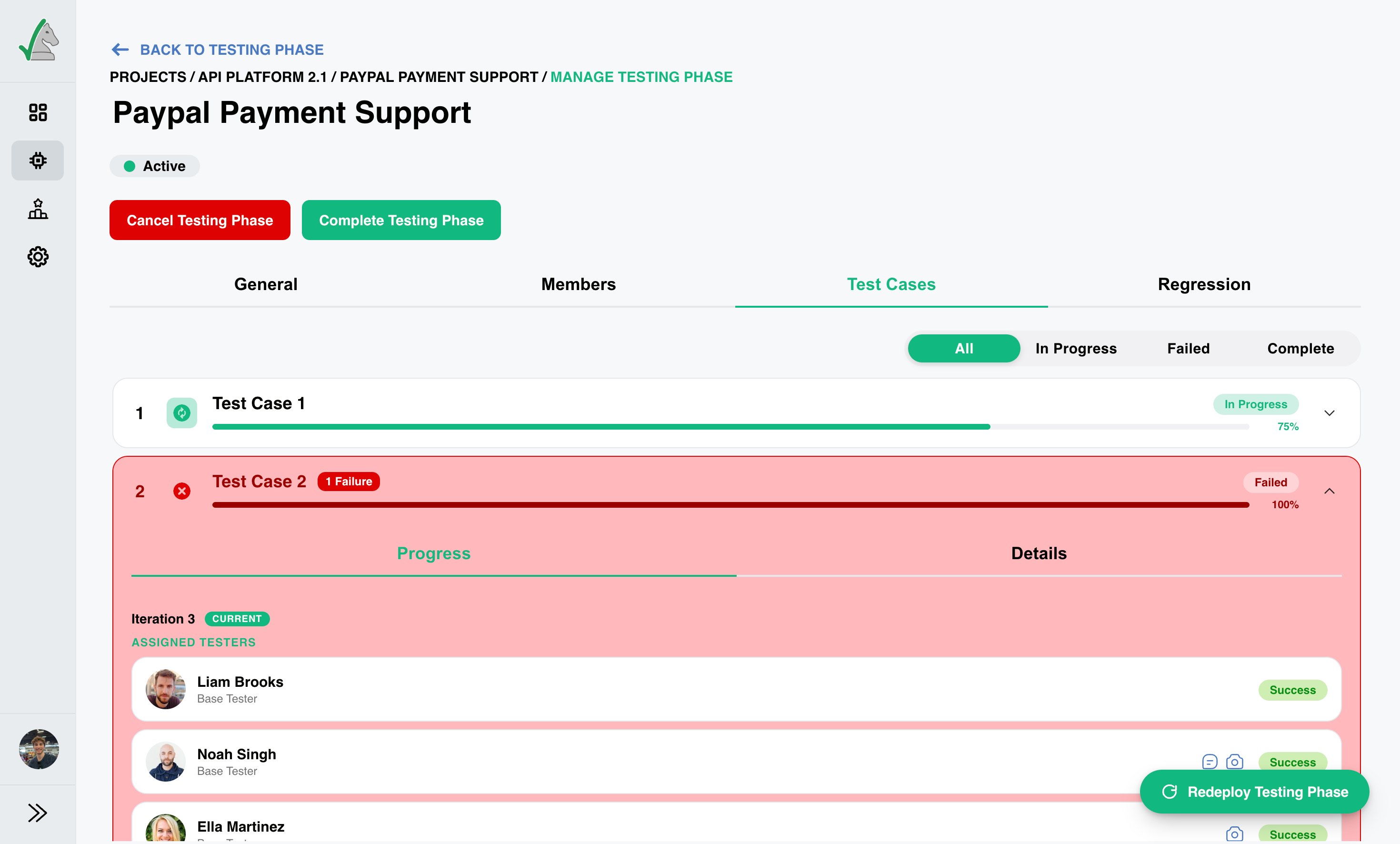 CheckMate progress view with test results across iterations