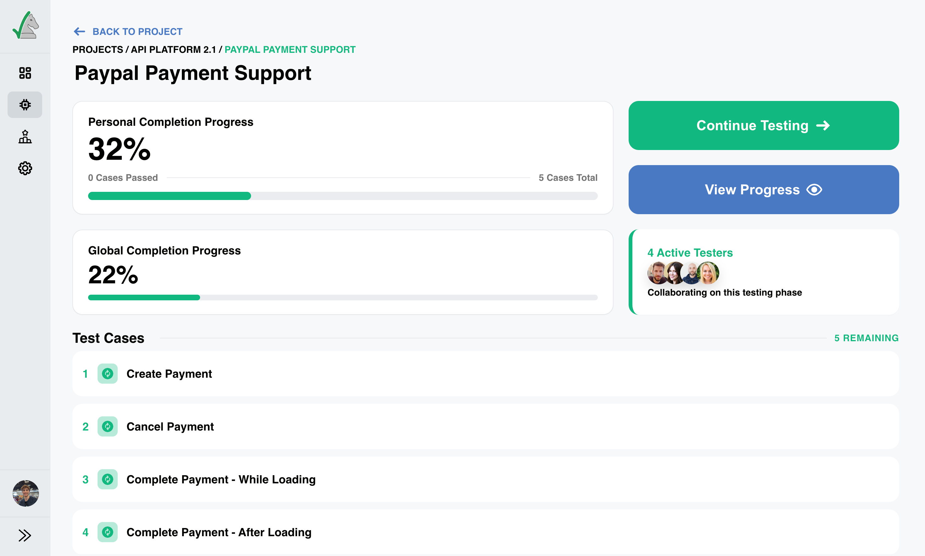 CheckMate testing phase with case list and completion progress