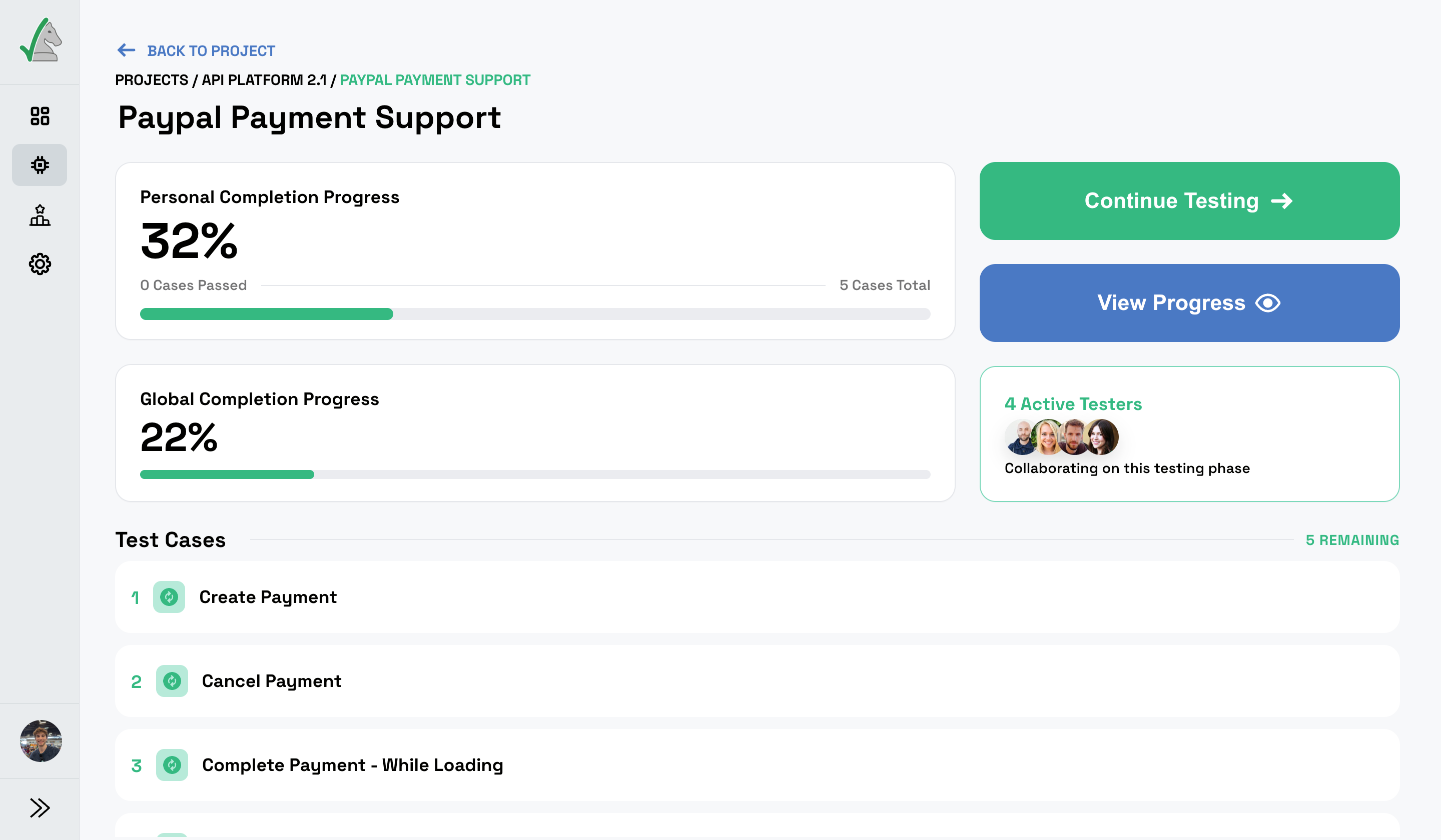 CheckMate testing phase with case list and completion progress